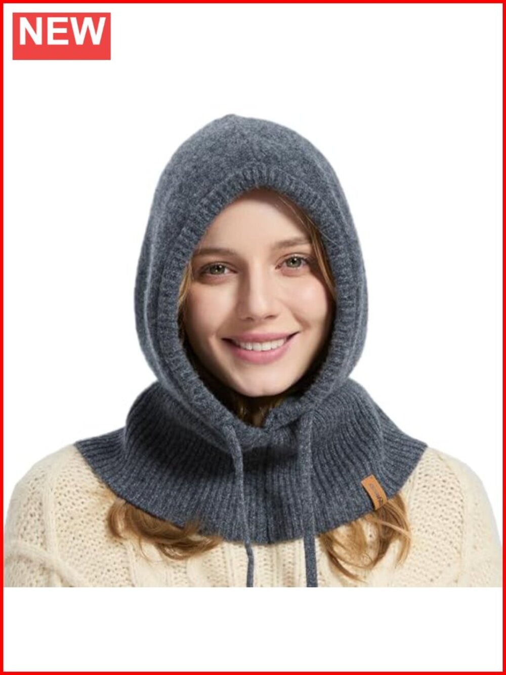 100% Merino Wool Balaclava Knit Hooded Scarf Winter Hat
